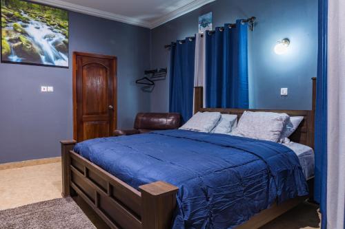 阿克拉BlueGreen GuestHouse的卧室拥有蓝色的墙壁,配有一张床和椅子