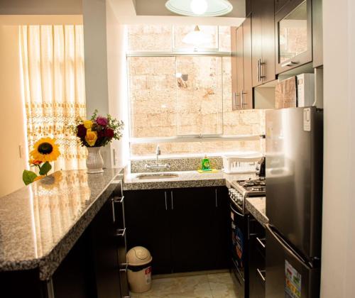 库斯科Departamento Familiar Equipado的厨房配有水槽和冰箱