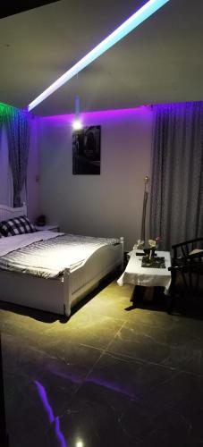 阿古拉耶特منتجع سمايل القريات的一间卧室配有一张床、一张桌子和紫色灯