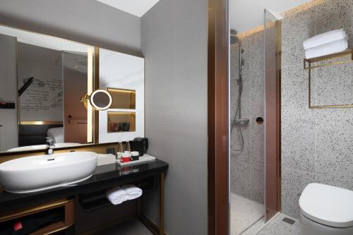 深圳深圳福田下梅林地铁站CitiGO欢阁酒店的一间带水槽、卫生间和镜子的浴室