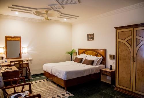 萨瓦伊马多普尔Hotel Ranthambore Regency的一间卧室配有一张床、一张书桌和一面镜子