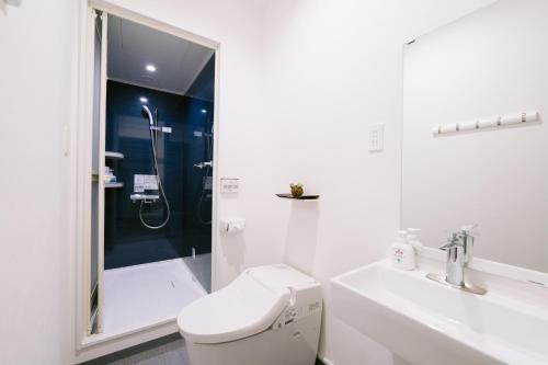 大岛Hotel Kailani的浴室配有卫生间、盥洗盆和淋浴。