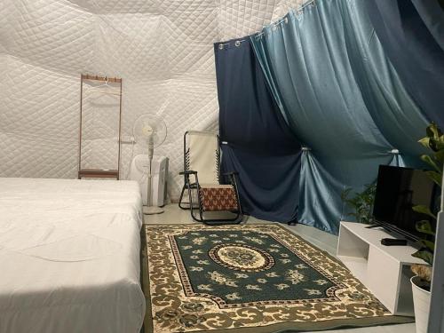 加央Gunung Medan Glamping & Cafe的一间卧室配有一张床、地毯和电视。