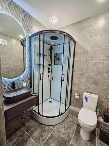 阿拉木图PERFECT APARTMENTS的带淋浴、卫生间和盥洗盆的浴室