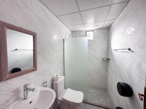 瓦迪拉姆Mirage Camp Wadi Rum的一间带水槽、卫生间和镜子的浴室