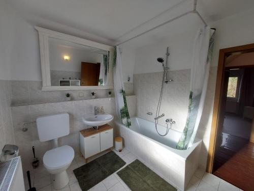比勒费尔德Cozy Home, 7 Beds, WiFi, Kitchen, Balcony, Bielefeld Center的带浴缸、卫生间和盥洗盆的浴室