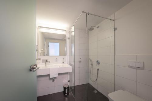 施韦青根城堡住宿加早餐旅馆的白色的浴室设有水槽和淋浴。