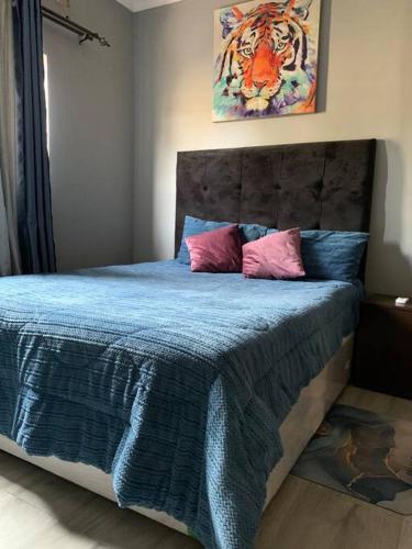 卢萨卡Perchment view Apartment的一间卧室配有一张带蓝色床单和粉红色枕头的床。