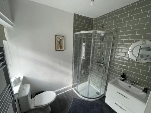 诺里奇Golden Triangle Townhouse的带淋浴、卫生间和盥洗盆的浴室