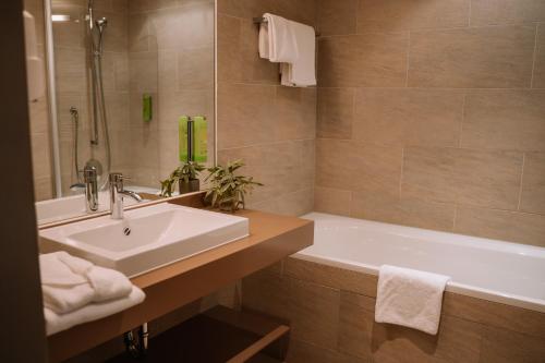 圣兰布雷希特Hotel Auszeit St Lambrecht的浴室配有盥洗盆和浴缸。