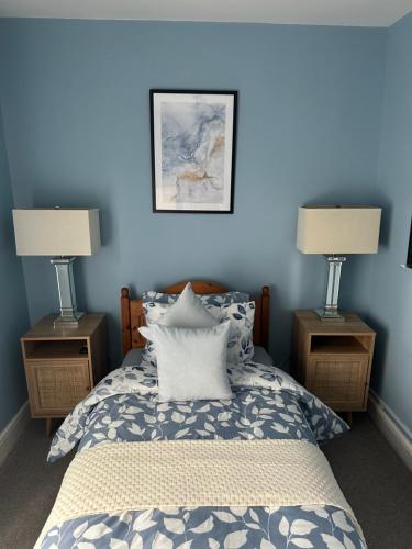 曼彻斯特Room in Manchester的一间卧室设有蓝色的墙壁和一张带两盏灯的床。