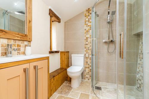 利斯卡德The Old Piggery. Cornwall的一间带卫生间和玻璃淋浴间的浴室