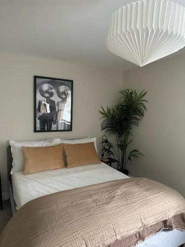 HaddenhamCountryside 2 bed cottage- Aylesbury的一间卧室配有一张床和盆栽植物