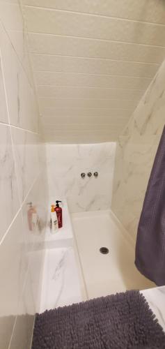 蒙特利尔Lemiltonplace Beautifully Renovated 4 Ur Enjoyment的白色的浴室设有紫色毛巾和淋浴