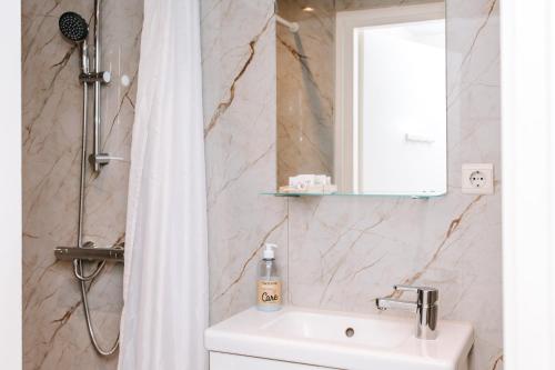 赞德沃特芭贝特公寓的浴室配有淋浴帘和盥洗盆。