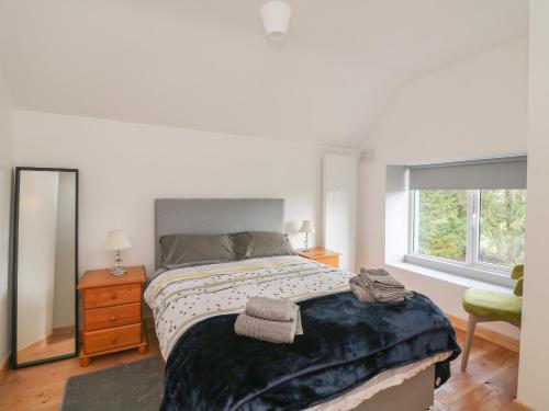 Curragh Cottage的一间卧室配有一张大床和镜子