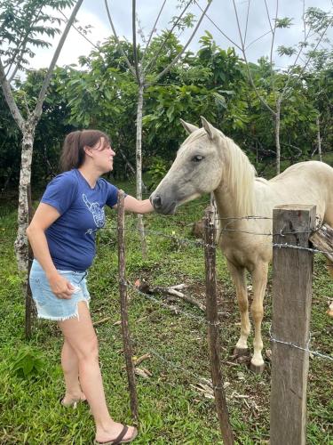 Rio CelesteCacahua Paradise Lodge, Río Celeste的女人在围栏后面抚摸一匹白马