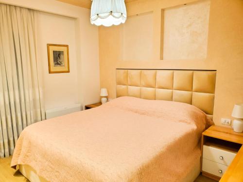 地拉那Central Luxe Apartment的一间卧室设有一张大床和一个窗户。