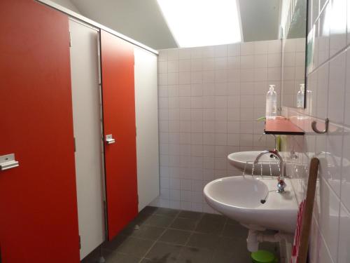 RouveenCaravan Vlinder的一间带两个水槽和红色门的浴室