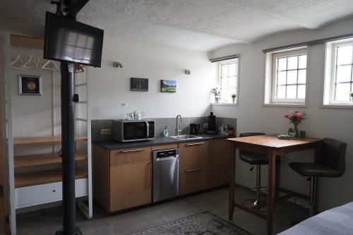 Laag-SoerenBoerderij de Enkhoeve的厨房配有水槽、微波炉和桌子