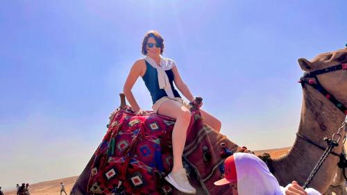 开罗Locanda pyramids view的骑在沙漠大象背上的女人