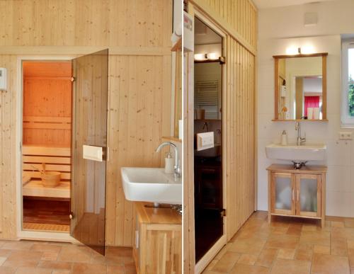 奥斯特西巴德钦诺维茨Villa Butterblume的一间带两个盥洗盆和淋浴的浴室