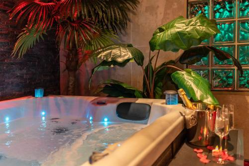 图卢兹L’Insolite, Spa Privatif (Appartement Jacuzzi)的植物客房内的按摩浴缸