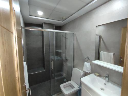 纳祖尔Hotel Residence Ramsis的带淋浴、卫生间和盥洗盆的浴室