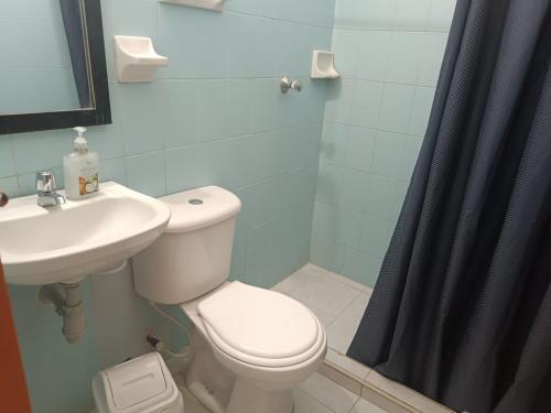 圣玛尔塔Tamarindo的浴室配有卫生间、盥洗盆和淋浴。