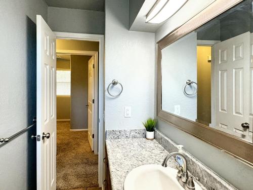 俄克拉何马城Clean, Comfortable & Modern Near Downtown Sw79的一间带水槽和镜子的浴室