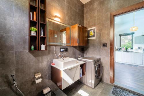 庞普勒穆斯Keenoo Villa - An elegant villa in a calm area的一间带水槽和洗衣机的浴室