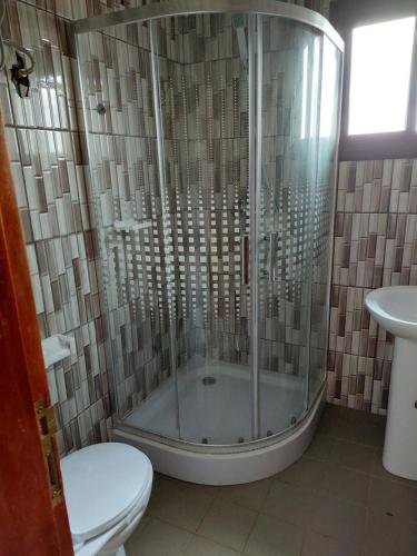 雅温得Résidence beau-lieu的带淋浴、卫生间和盥洗盆的浴室
