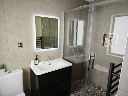 奥克兰Brand New & Central - 3 Bedrooms with 3 En suites的一间带水槽、卫生间和淋浴的浴室