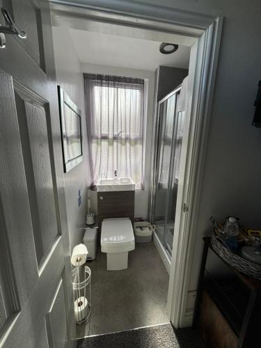 哈雷克The Queens Hotel Harlech的一间带卫生间和窗户的小浴室