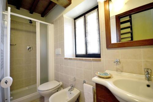 波焦尼Villa Fiordaliso的一间带卫生间、水槽和镜子的浴室