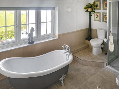 Terrington Saint JohnWalnut Tree House的带浴缸、卫生间和窗户的浴室