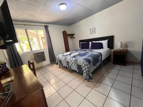 圣萨尔瓦多Hotel Sueños的一间卧室配有一张带蓝色枕头的床和一台电视。