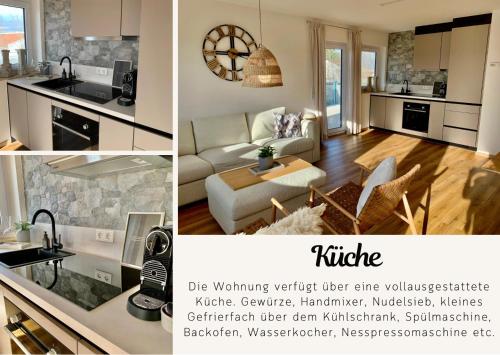 巴特绍尔高Stilvolles Ferienapartment am Thermalbad mit Blick in die Natur的厨房和客厅的照片拼合在一起