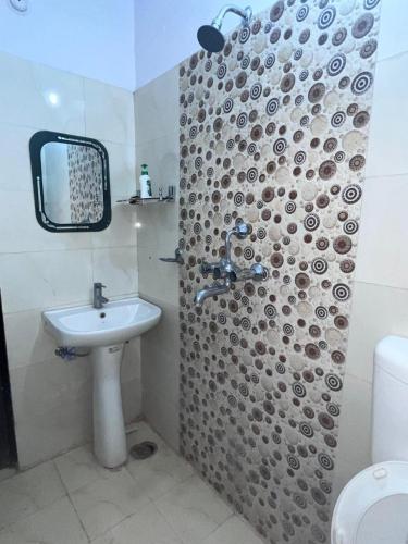 瓦拉纳西Kashi Anadam HomeStay的带淋浴、水槽和卫生间的浴室