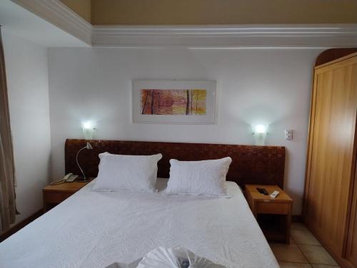 马瑙斯Tropical Executive Hotel的一间卧室配有一张带白色床单的床和两张桌子