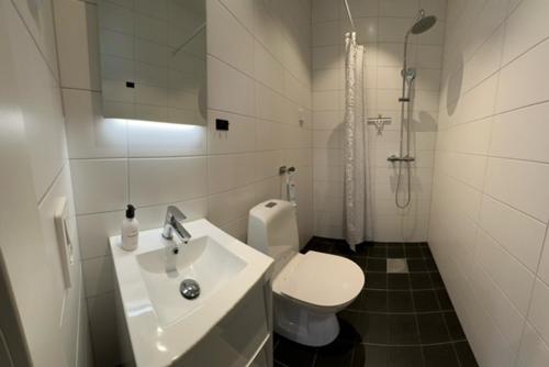 诺尔泰利耶Dalkärret的浴室配有卫生间、盥洗盆和淋浴。