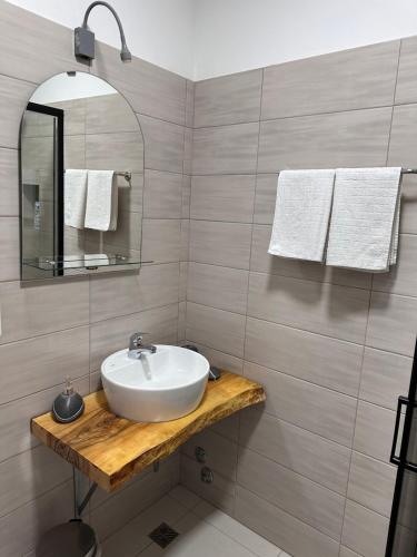 维索科Ravne Energy Apartments的浴室配有盥洗盆、镜子和毛巾