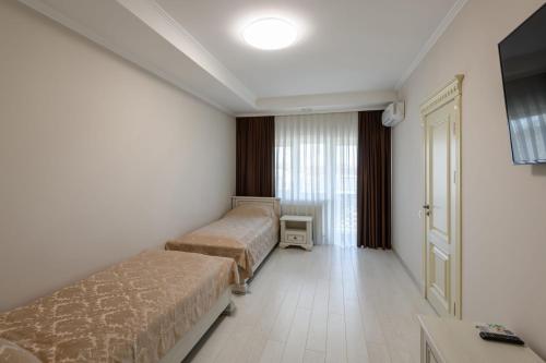 切尔诺夫策Sagora Hotel的酒店客房设有两张床和电视。
