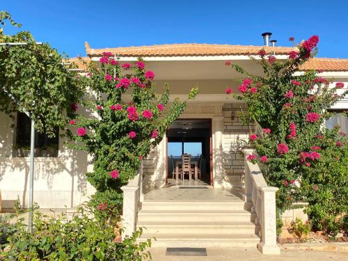 Agia MarinaVilla Serenity的楼梯上带粉红色花的房屋