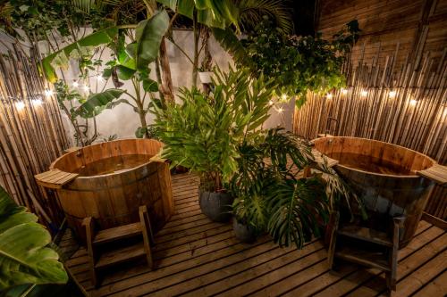 萨兰托Terasu Hotel Boutique Salento的木甲板上设有2个带植物的木浴缸