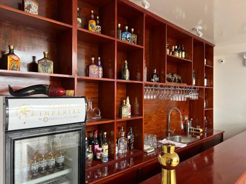 查查波亚斯Terra Imperial的酒吧里有很多瓶装酒精饮料
