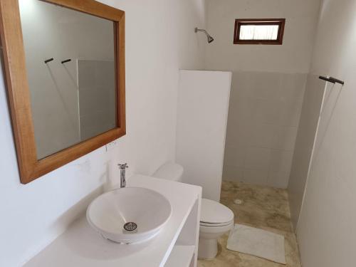 GuachacaSierra Sagrada Tayrona的一间带水槽、卫生间和镜子的浴室