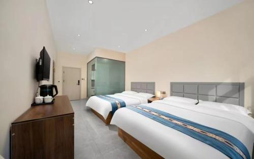 哈尔滨Hongge Hotel - Harbin Taiping Airport的酒店客房设有两张床和电视。