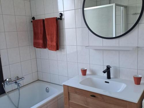 ZevenhuizenPremium holiday home with garden的浴室配有盥洗盆、镜子和浴缸