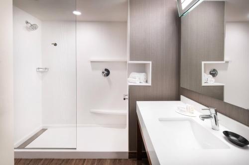 普尔曼普尔曼万怡酒店的一间带水槽和淋浴的浴室